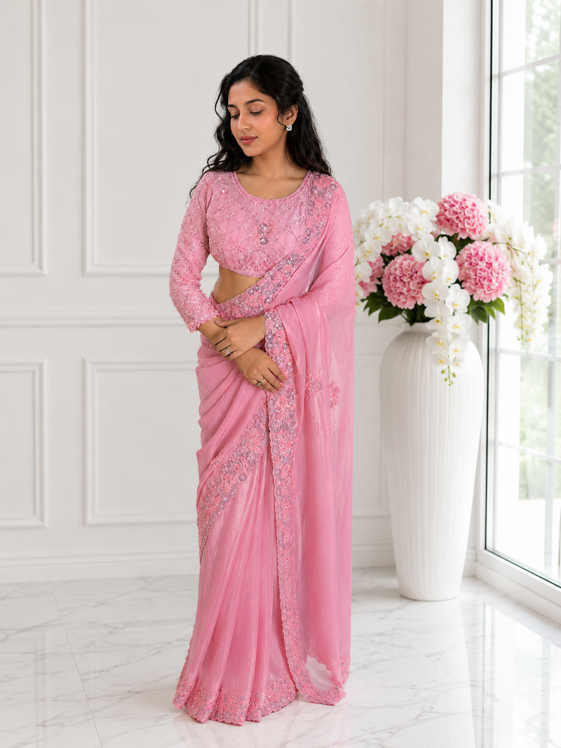 Women's Premium Blush Pink Fandy Satin Saree with Heavy Sequins and Beadwork