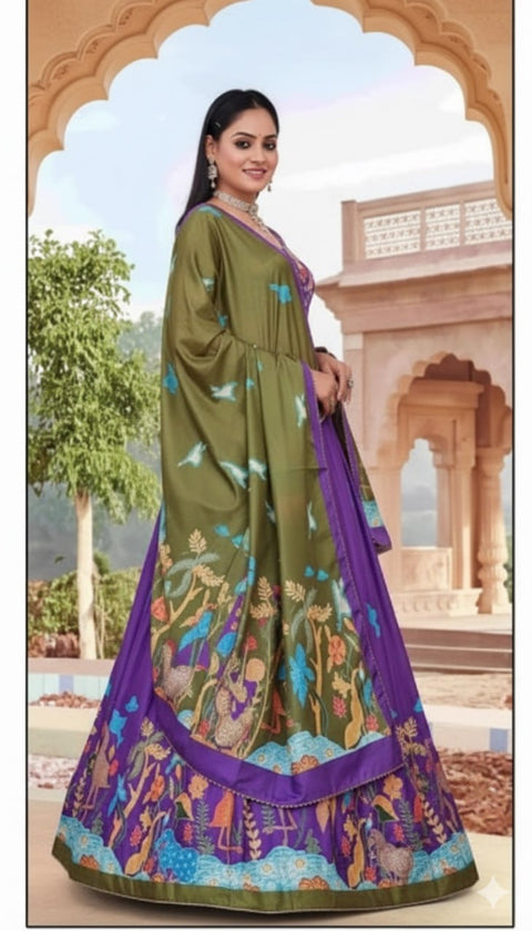 Purple & Olive Green Dolla Tusser Silk Chaniya Choli | Peacock Print