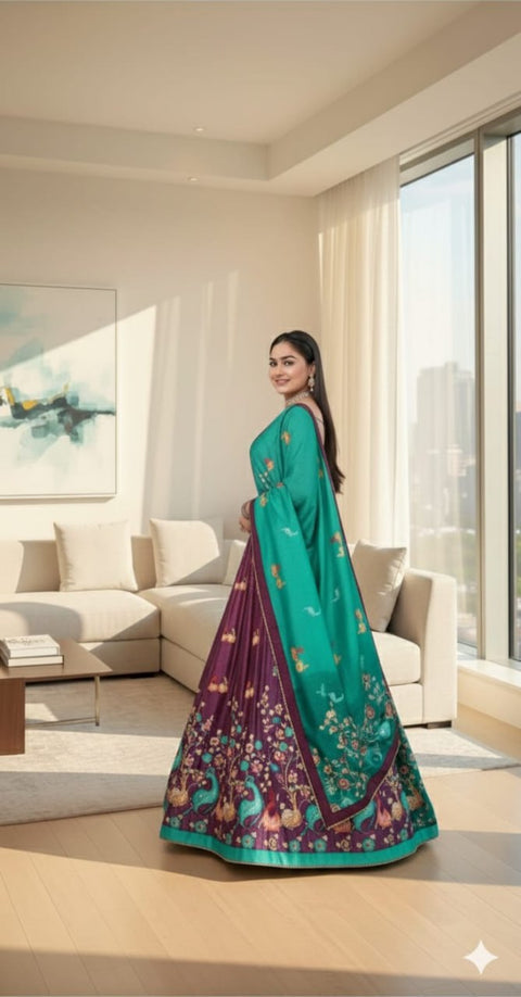 Premium Dolla Tusser Silk Peacock Print Chaniya Choli with Designer Dupatta – Purple & Teal