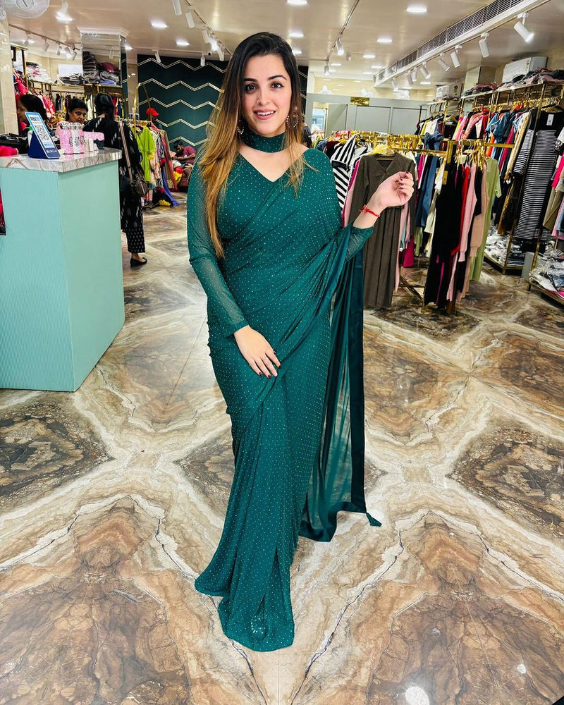 Women's Premium 1-Minute Ready-to-Wear Georgette Saree with Swarovski Crystals and Stitched Blouse