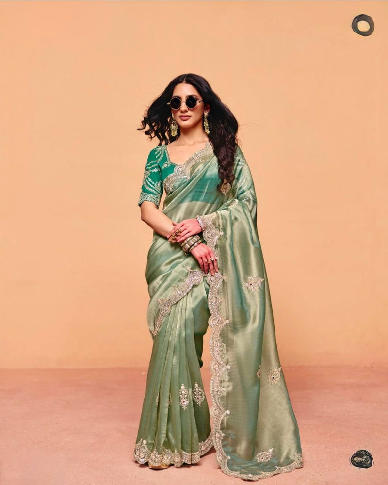Premium Moss Chiffon Saree | Multi Sequin & Thread Embroidery | Bangalori Silk Contrast Blouse | Wedding & Party Wear