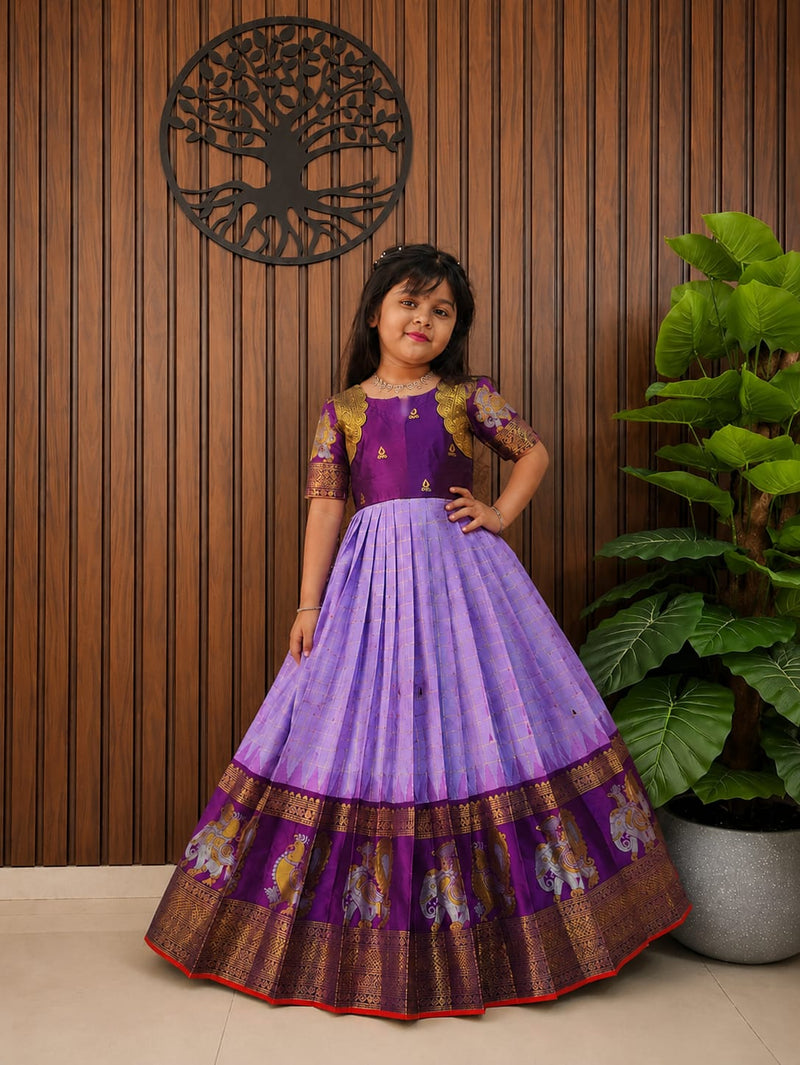 Kids Silk Gown with Heavy Weaving Border & Canvas Finish | Girls Party Wear Gown
