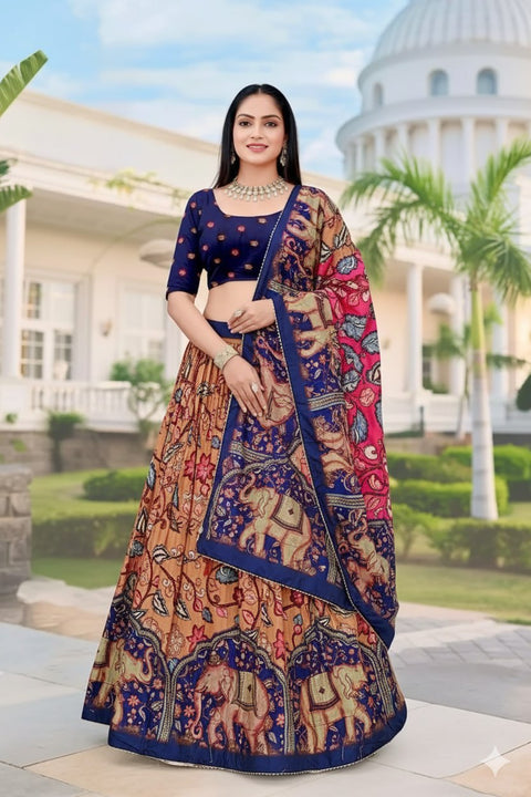 Premium Dolla Tusser Silk Elephant Print Chaniya Choli – Peach & Navy Blue
