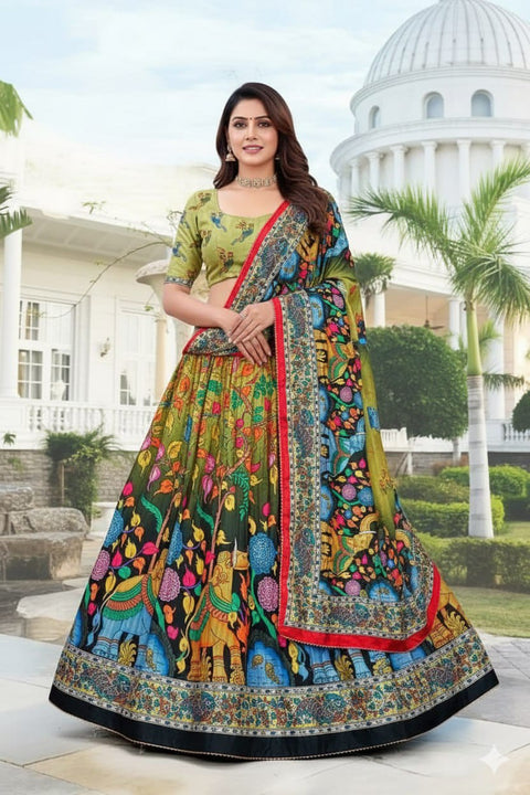 Olive Green & Black Dolla Tusser Silk Chaniya Choli | Kalamkari Print