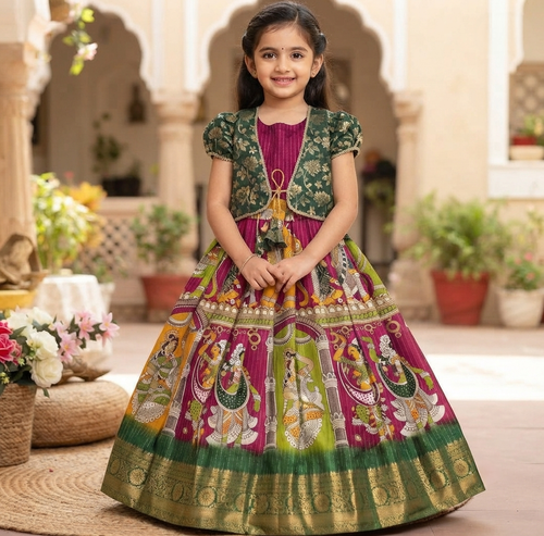 Designer Kids Long Gown with Koti & Jacquard Foil Weaving Border | Banarasi Silk