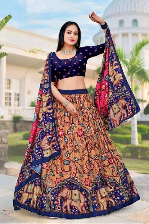 Premium Dolla Tusser Silk Elephant Print Chaniya Choli – Peach & Navy Blue