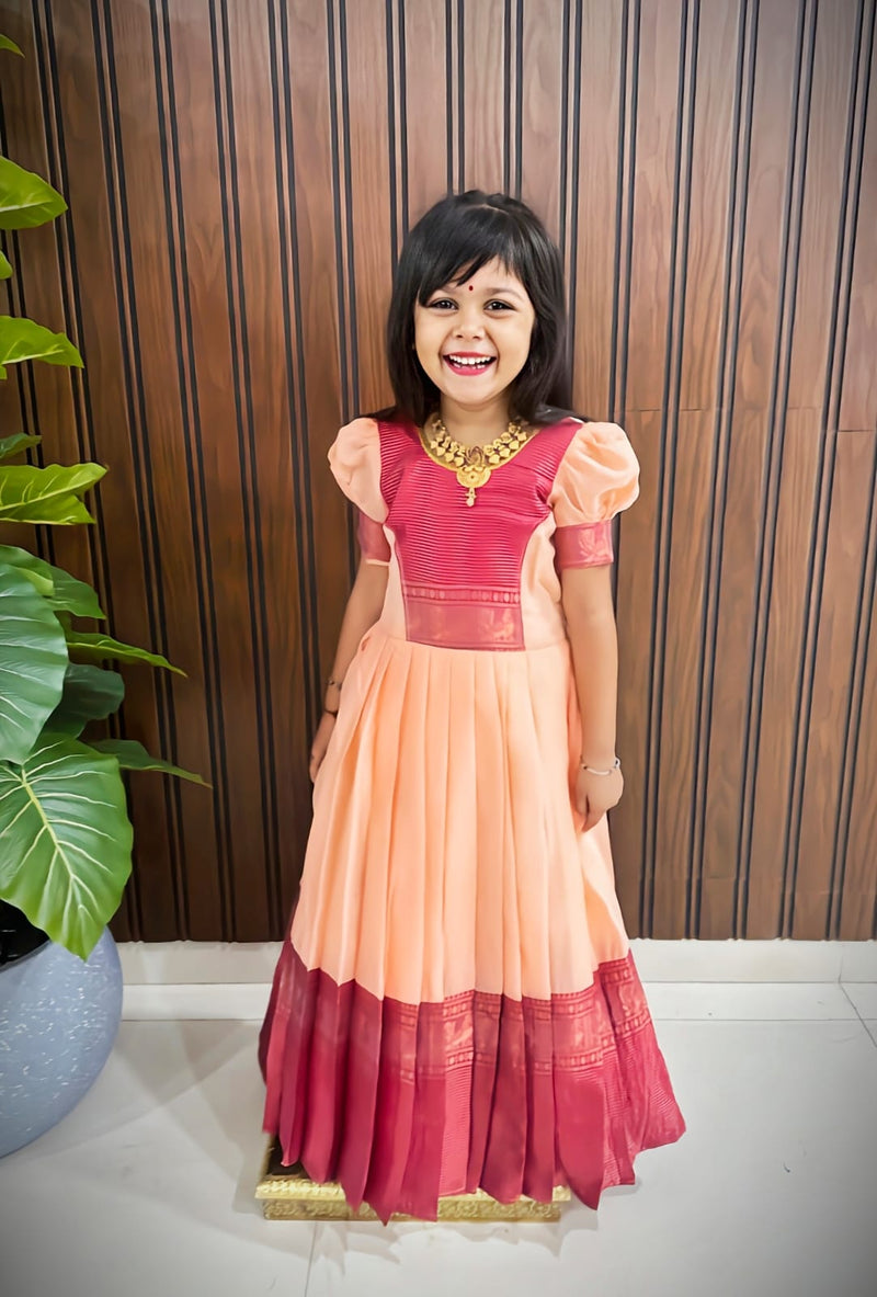 Premium Cotton Silk Kids Gown | Heavy Zari Weaving Border | Full-Flare Canvas Finish | Ages 1–15 Years