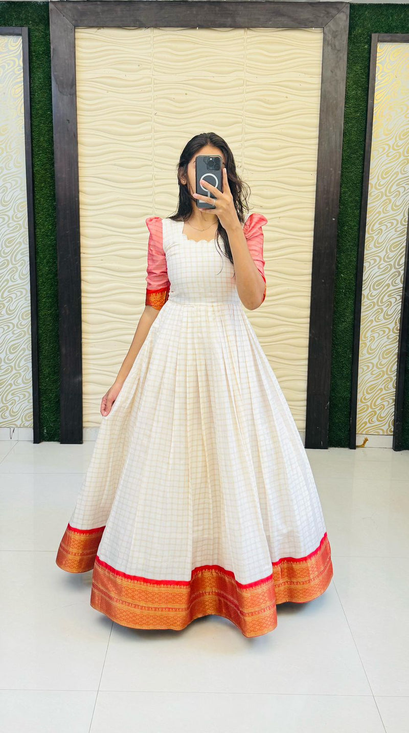 South Special Cotton Silk Gown | Jacquard Border & Fancy Neck | Fully Stitched