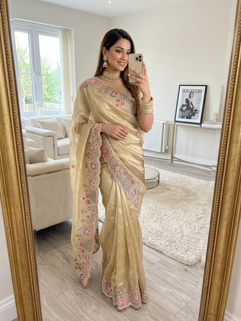 Shofiya Fendy Satin Saree with Sequin Cording Embroidery & Unstitched Blouse