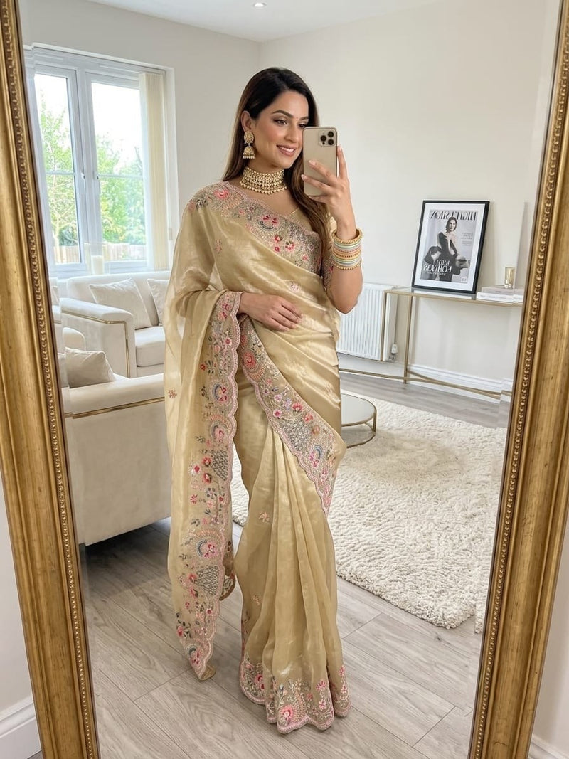 Shofiya Fendy Satin Saree with Sequin Cording Embroidery & Unstitched Blouse