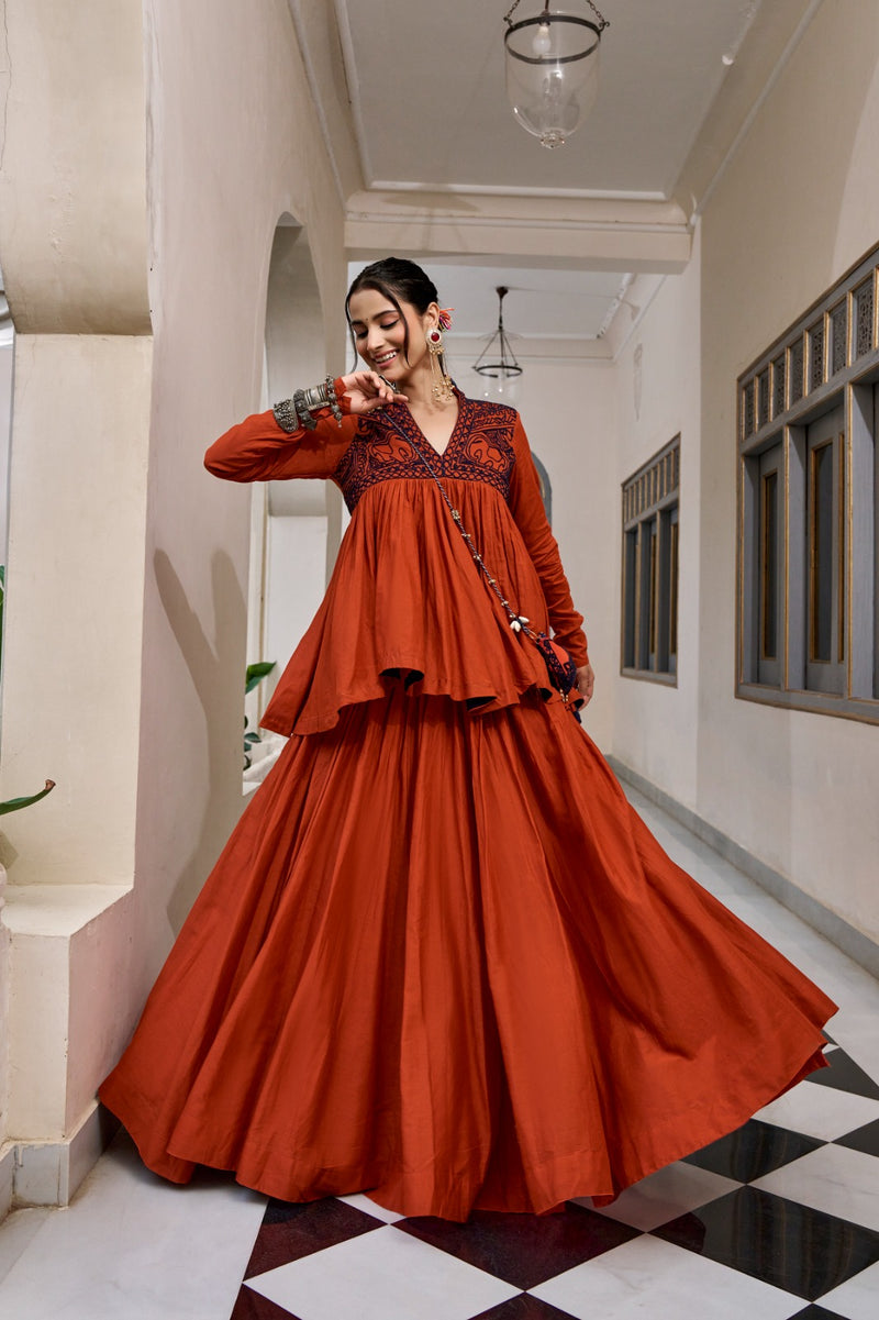 Women's Navratri Special Pure Cotton Flared Lehenga Set with Matching Embroidered Purse