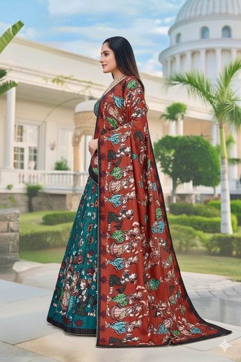Teal & Rust Red Dolla Tusser Silk Chaniya Choli | Kalamkari Print