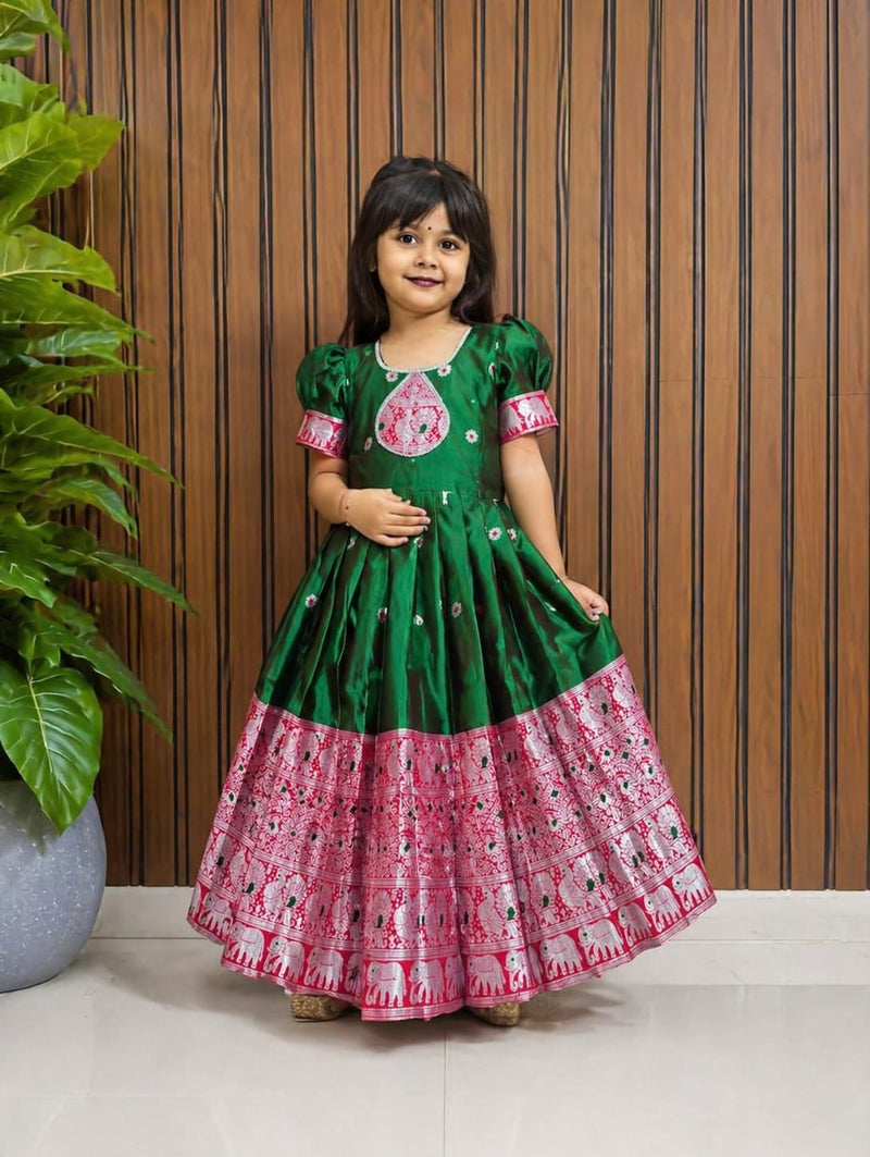 Premium Silk Kids Gown | Heavy Silver Zari Weaving | Full-Flare Canvas Finish | Ages 1–15 Years