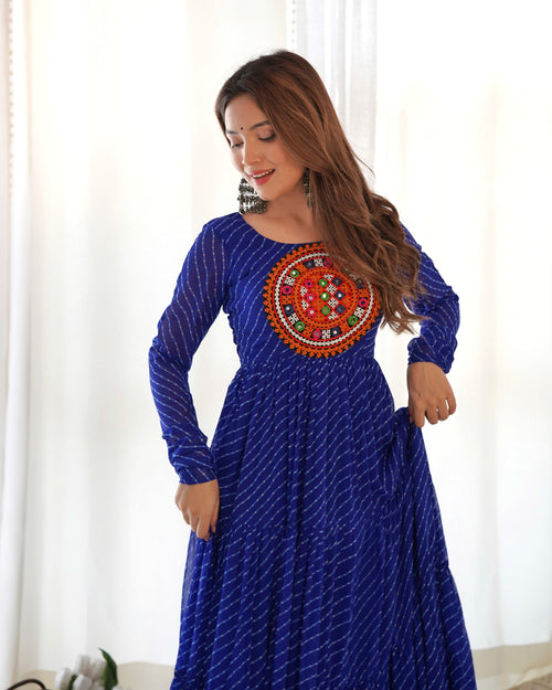 Premium Royal Blue Layered Anarkali Gamthi Work Suit for Dandiya Nights (7+ Metre Flair)