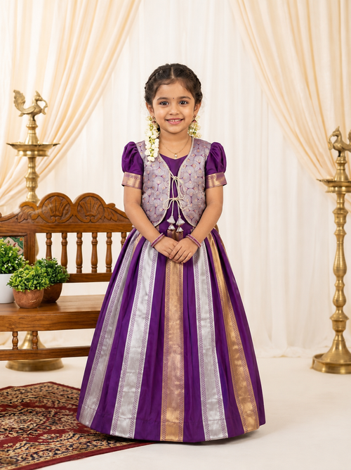 Premium Soft Silk Kids Gown with Golden Zari Weaving & Designer Overcoat | Wedding, Party & Festive Wear | Ages 1–15 Years