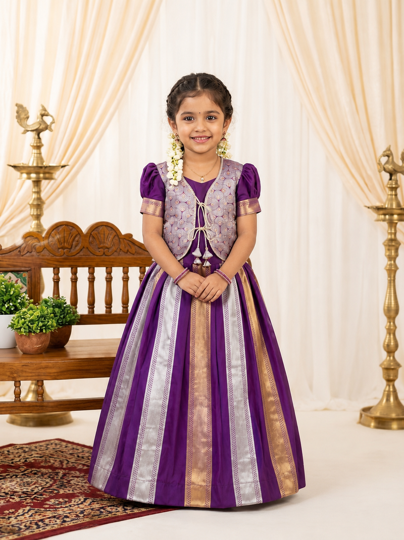 Premium Soft Silk Kids Gown with Golden Zari Weaving & Designer Overcoat | Wedding, Party & Festive Wear | Ages 1–15 Years