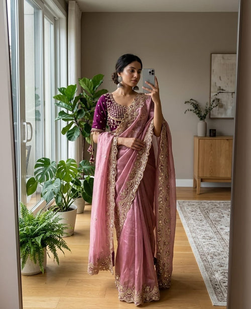 Kaamini Fendy Satin Saree | 3MM Sequin Embroidery & Heavy Jaal Work Stitched Blouse