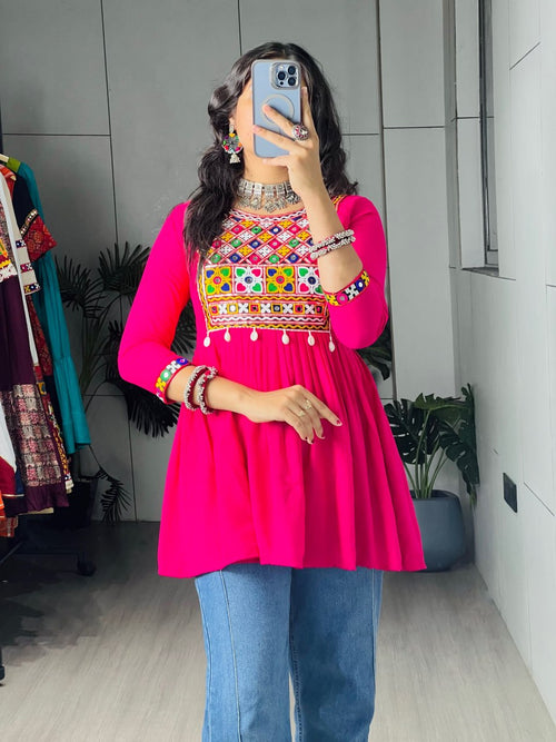 Women’s Gujarati Kediya Top | Gamthi Embroidery, Gota Patti & Real Mirror Work | Rayon Cotton Navratri Garba Dandiya Festive Wear