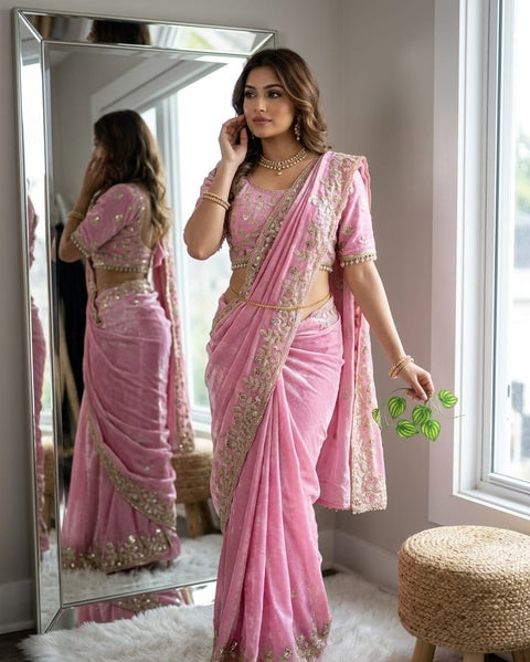 Vidha Premium Fendy Satin Saree with 3MM Sequin & Cording Work & Stitched Mirror Tassel Blouse