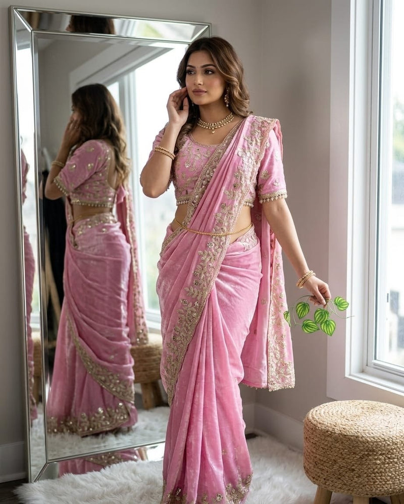 Vidha Premium Fendy Satin Saree with 3MM Sequin & Cording Work & Stitched Mirror Tassel Blouse