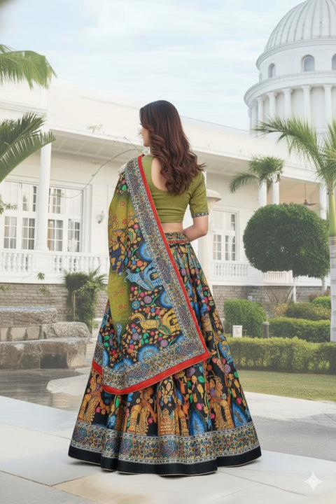 Olive Green & Black Dolla Tusser Silk Chaniya Choli | Kalamkari Print
