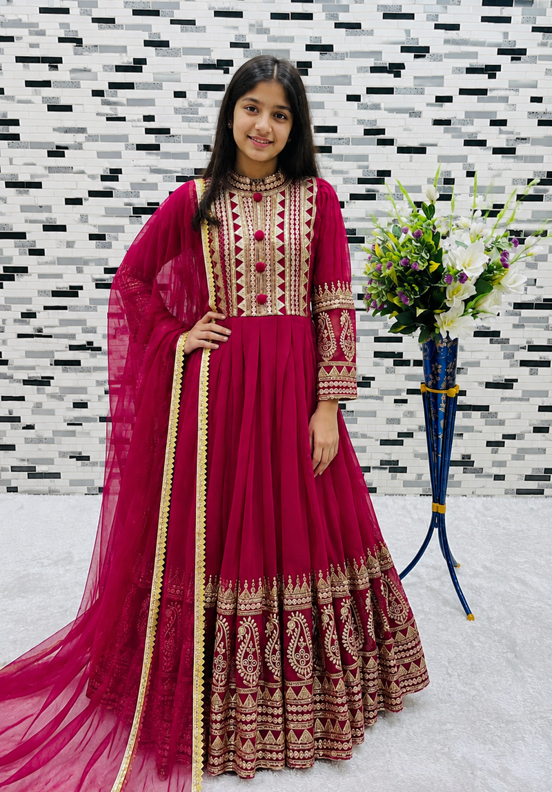 Premium Fox Georgette Kids Gown Set | Sequin Embroidery & Dupatta | Ages 3–15 Years