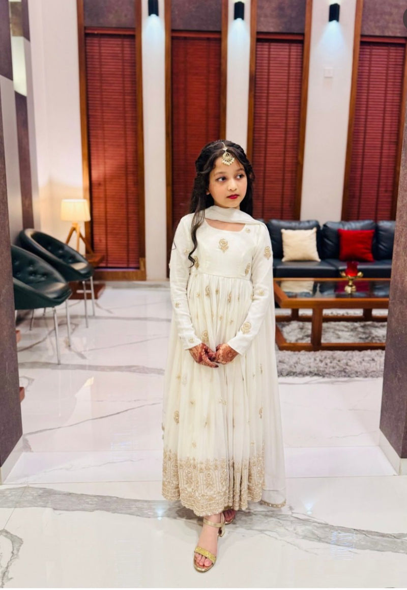 Designer Off White Vichitra Kids Gown with Sequin Work & Dupatta